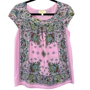 Moulinette Soeurs Anthropologie Pink Floral Paisley Print 100% Silk Blouse SZ XS